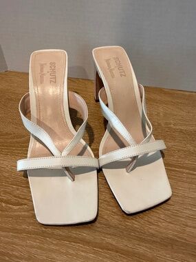 Schutz x Neiman Marcus White Strappy Mule Sandal Square Toe Sz 9.5